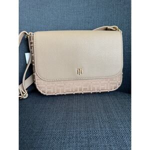 Tommy Hilfiger Lynn II Crossbody Bag Beige Faux Leather & Monogram Jacquard NWT